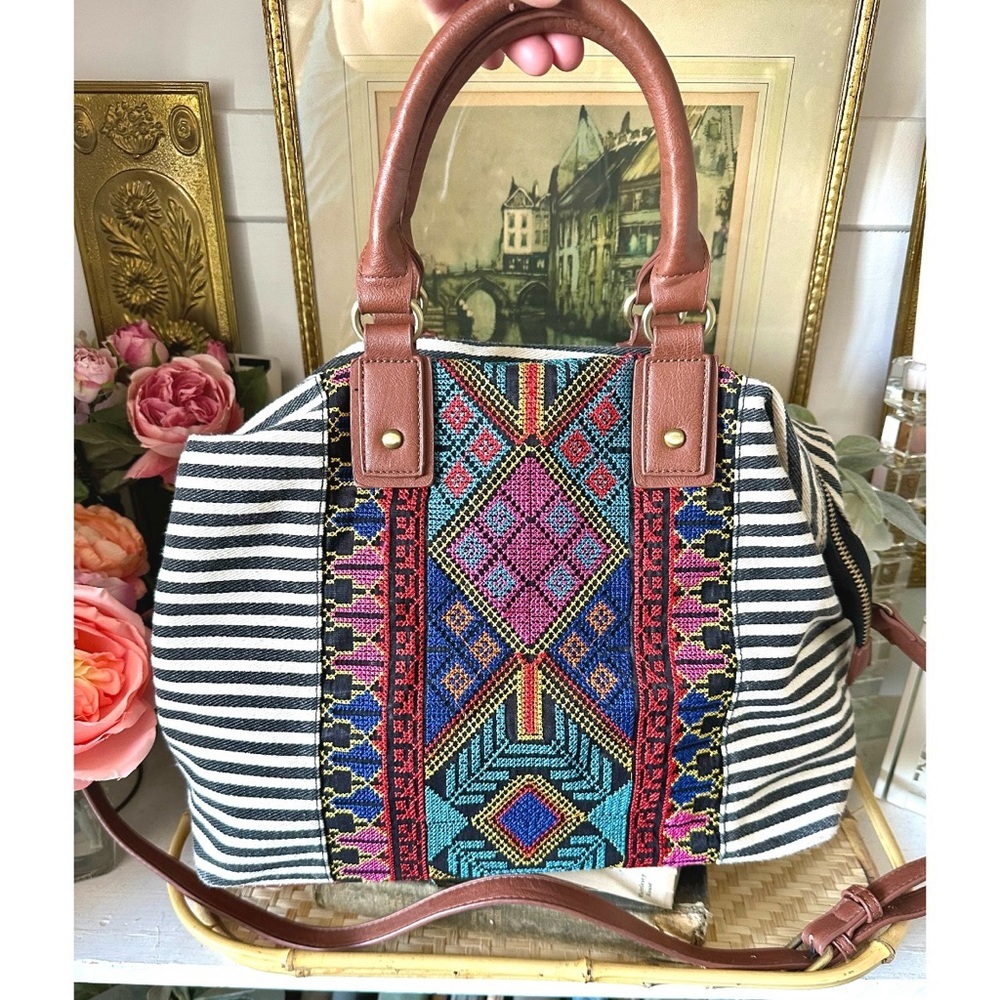 Aztec Striped MMS PURSE Hobo Tote Zip Shoulder Bag Cotton Rainbow Cross Stitch